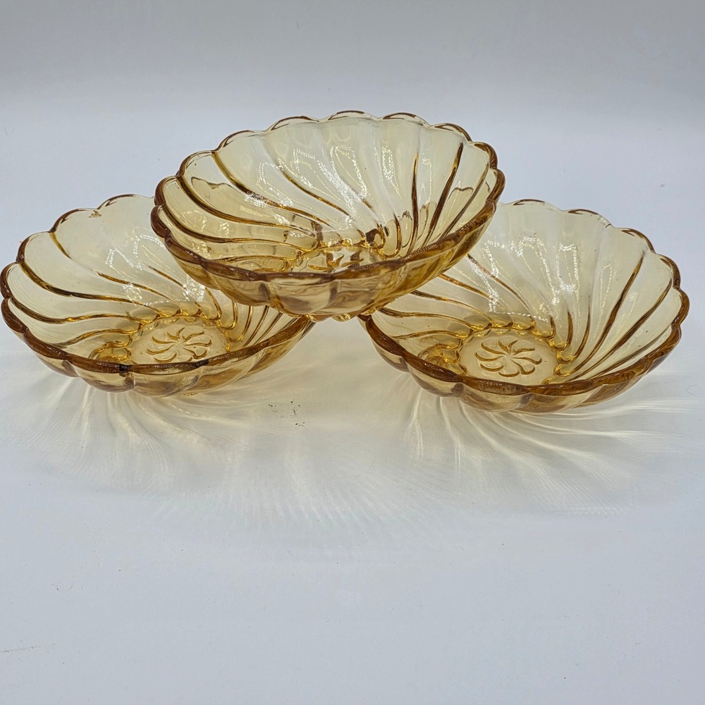 Vintage Hazel Atlas Amber Colonial Swirl Scalloped Dessert Bowls Set of 3